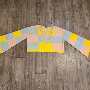 MISS LOLA Multi-Color Long Sleeve Flared Cardigan Yellow Light Blue,Pink Size M